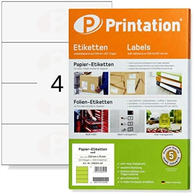 Abbildung von Printation Universal Etiketten 210 x 74 mm selbstklebend bedruckbar weiß 100 210x74 VDA Labels/Sticker auf 25 DIN A4 Bogen 1x4 4 pro Blatt 8405 DATAPRINT ODETTE Kanister Laser/Inkjet/Kopierer