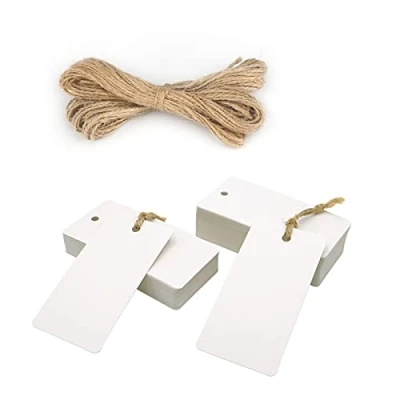 Abbildung von Kraftpapier Anhänger Geschenkanhänger Etiketten 9 * 4,5cm, 100stk. mit Jute Schnur, für Hochzeitsgeschenke Weihnachtsgeschenke Partygeschenke (Weiß)
