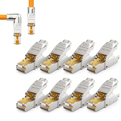 Abbildung von deleyCON 8x CAT 8 Netzwerkstecker 90 Winkel Stecker RJ45 Werkzeuglos Geschirmt 40 Gbit/s Netzwerk für Starre Verlegekabel Rohkabel Steckverbinder Ethernet LAN DSL Patchkabel