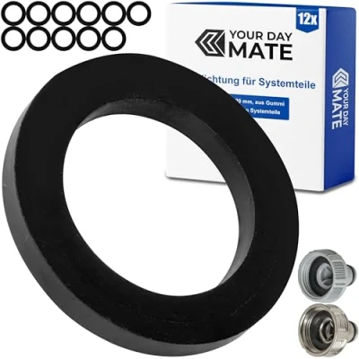 Abbildung von Ersatz Flachdichtungen Set, 12 Stück, für G 1&quot; Zoll Garten Systemteile, kompatibel mit Gardena 33,3 mm Hahnverbinder, 2802, 18202, 18242, 940, aus Gummi, Ø 30 x 20 mm, Reparatur Dichtung 1125
