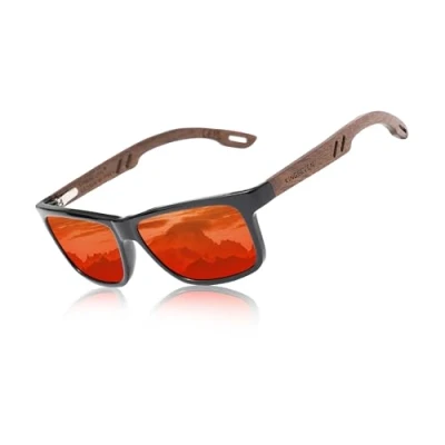 Abbildung von KINGSEVEN Design Holz Polarisierte Rechteckige Sonnenbrille für Herren, Walnuss Holzrahmen Verspiegelte Brille zum Fahren W5508 (Rot)