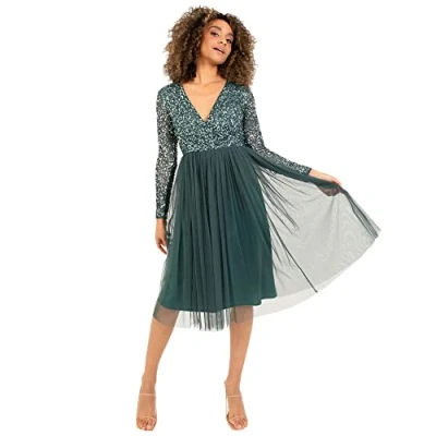 Abbildung von Maya Deluxe Damen Dames Wedding Guest Midi Jurk Lange Mouwen Plunging Hals Sequin Embellished Gradua Brautjungfernkleid, Emerald Green, 40 EU