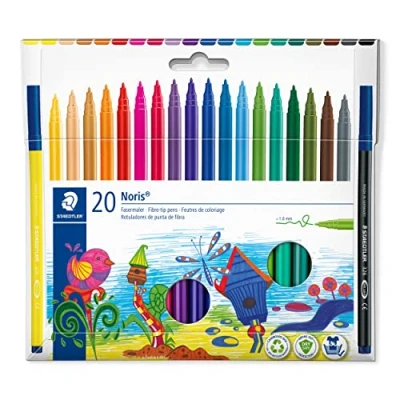 Abbildung von Staedtler Fasermaler Noris, Tinte mit Lebensmittelfarbstoffen auf Wasserbasis, Kappe Atemluftkanal, Linienbreite 1,0 mm, 20 Filzstifte in sortierten Farben im Kartonetui, 326 C20