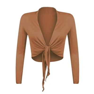 Abbildung von Gloop Damen Schöne, Elegante Bolero Jäckchen Langarm zum Knoten,Coffee,M