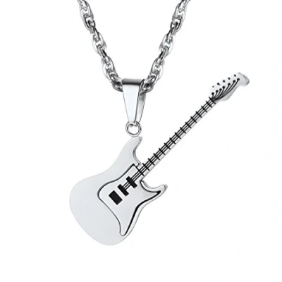 Abbildung von PROSTEEL Gitarre Anhänger Halskette Herren Edelstahl Singapurkette 3mm 55+5cm Trendig Schmuck Accessoire für Männer Jungen Musik Liebhaber(Silber)