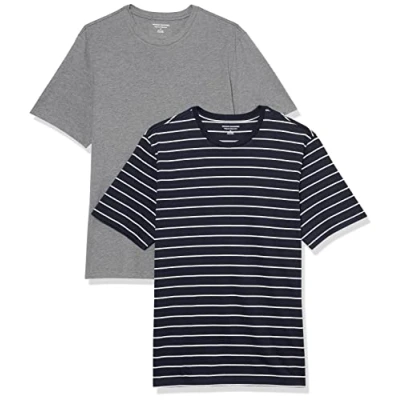 Abbildung von Amazon Essentials Herren Kurzärmliges T Shirt mit Rundhalsausschnitt in normaler Passform, 2er Pack, Grau Meliert/Marineblau Streifen, M