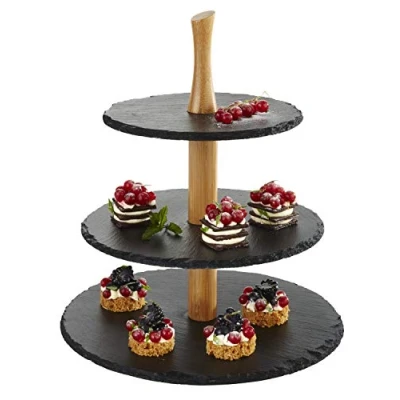 Abbildung von APS 3 stufige Etagere, Schieferplatten, Ø 30 cm, 25 20 H:34 Akazienholz