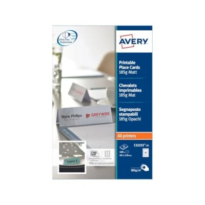 Abbildung von AVERY Zweckform C32253 25 Tischkarten (100 Stück, 185g, 110x40 mm, blanko, beidseitig bedruckbar, matt weiß, extra feine Mikroperforation, Blatt) zum Selbstbedrucken auf allen Druckern
