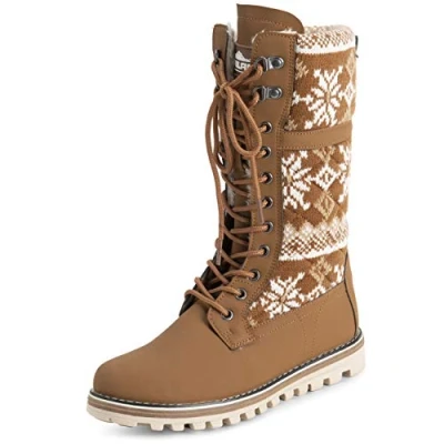 Abbildung von Polar Damen Kunstpelz Warm Thermal Wasserdicht Draussen Gehen Schnee Winter Gummisohle Wadenstiefel Tan Gestrickt UK9/EU42 YC0611
