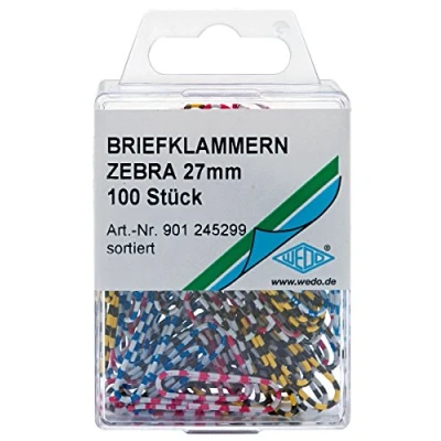 Abbildung von Wedo 901245299 Büroklammern Zebra Metall (mit gestreiftem Kunststoffüberzug, 27 mm, 100 Stück, farbig sortiert