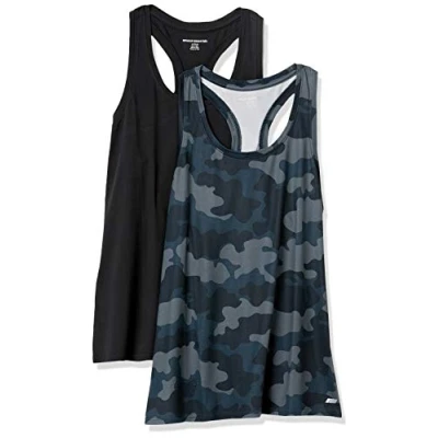 Abbildung von Amazon Essentials Damen Tech Stretch Racerback Tanktop (Erhältlich In Übergröße), 2er Pack, Grau Tarnmuster/Schwarz, S