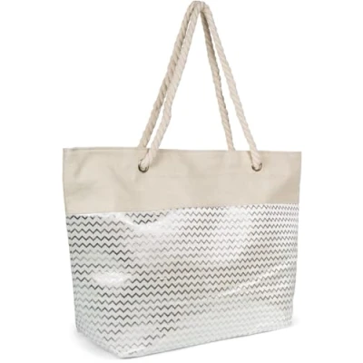 Abbildung von styleBREAKER Damen Strandtasche mit Metallic Zick Zack Zacken Muster, Reißverschluss, XXL Schultertasche, Shopper 02012404, Farbe:Beige Silber