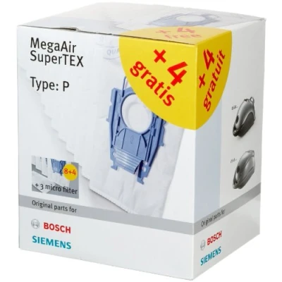 Abbildung von Bosch 12x Staubsaugerbeutel Typ P und 3x Mikrofilter MegaAir SuperTEX BBZ123FP, 99,9% Feinstaubfilterung, hohe Reinigungsleistung, passend für Reihe BSG
