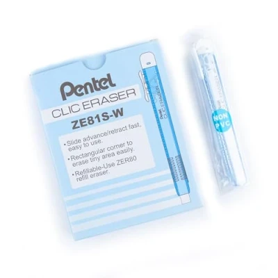 Abbildung von Pentel Clic Eraser ZE81 Radierer, rechteckig, nachfüllbar, Gehäuse in Himmelblau, transparent, 12 Stück