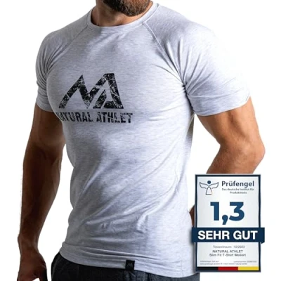 Abbildung von Herren Fitness T Shirt meliert Männer Kurzarm für Gym &amp; Training Passform Slim Fit, lang mit Rundhals, Hellgrau, S