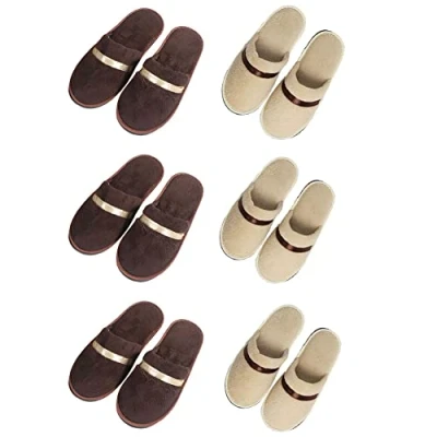 Abbildung von Tianmao 6 Paar Damen Slipper Hotelslipper Frottierslipper Herren Hausschuhe mit Geschlossenen Zehen Universalgröße 28.5*11cm Korallenvlies Gästepantoffeln, 3 Braun Beige, Einheitsgröße