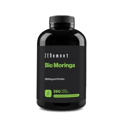 Abbildung von Bio Moringa Kapseln, Hochdosiert: 1800 mg, 260 Kapseln 100% Oleifera, Zertifiziertes Superfood Laborgeprüft, Vegan und ohne Zusatzstoffe Zenement