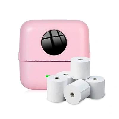 Abbildung von NK Tragbarer Fotodrucker mit 5 Thermopapierrollen Mini kabelloser mobiler Thermodrucker, USB Kabel, kompatibel iOS und Android, Pink
