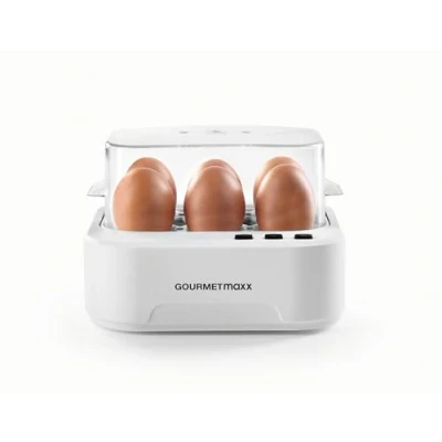 Abbildung von GOURMETmaxx Sprechender Eierkocher für 6 Eier Design Egg Cooker mit Eierstecher, Messbecher &amp; Sprachausgabe 3 Härtegrade perfekt gekochte Leichte Reinigung einfache Handhabung