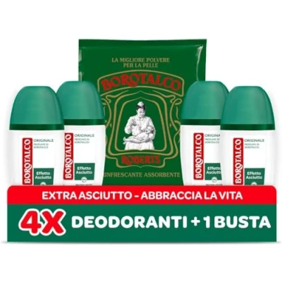 Abbildung von Borotalco, Original Vapo Deodorant mit Talkum aktiven Kristallen, dreifacher Trockenschutz, ohne Alkohol, Duft von Borotalco 4 Stück à 75 ml