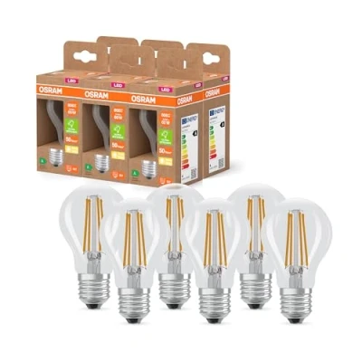 Abbildung von Osram LED Classic Lampe mit Filament in klassischer Kolbenform, klarer Glasleuchtkörper, 3.8 W, E27 Fassung, EEK A, 806 lm für die Allgemeinbeleuchtung, 6 Pack