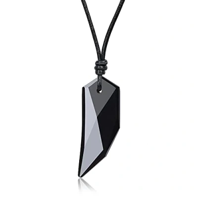 Abbildung von COAI Geschenkideen Unisex Spitzer Anhänger aus Obsidian Wolfszahn Amulett Echte Leder Kette