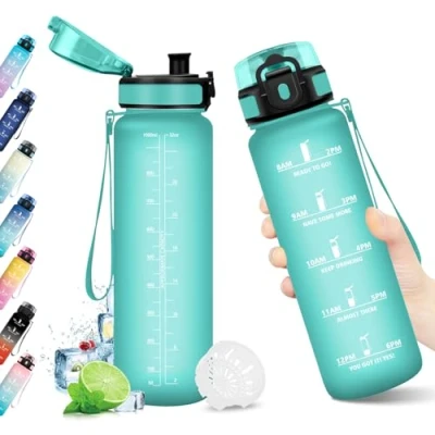 Abbildung von Trinkflasche 1L, Sport Wasserflasche, mit Filter und Zeitmarkierung, Auslaufsicher, BPA frei, Ideal für Gym, Yoga, Camping, Fahrrad, Schule, Büro, Erwachsene, Kohlensäure geeignet