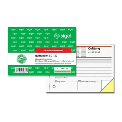 Abbildung von SIGEL SD122 Quittungsblock inkl. MwSt., fortlaufend nummeriert, eindeutige 7stellige Nummer, A6, 2x50 Blatt, selbstdurchschreibend, aus nachhaltigem Papier