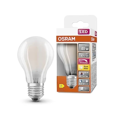 Abbildung von OSRAM SUPERSTAR+ CLASSIC A GLFR 40 LED Lampe, E27, Kolbenform, 3,4W, 470lm, 2700K, warmweißes Licht, stark reduzierter Blauanteil, geringere Augenbelastung, dimmbar, geringer Energieverbrauch