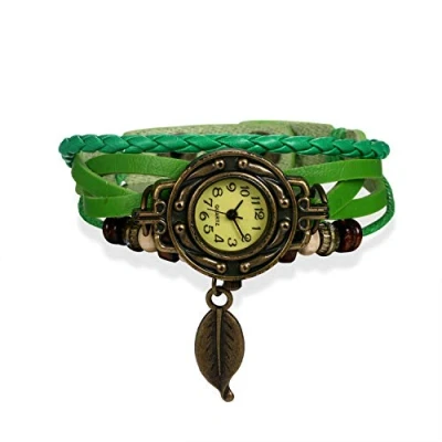 Abbildung von JewelryWe Damen Armbanduhr, Retro geflochten Leder Armband Armreif Armkette Uhr mit Baum Blatt Anhänger, Grün