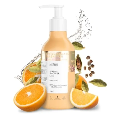 Abbildung von So!Flow Duschgel Damen Strahlendes Glow Duschöl mit saftiger Orange &amp; Kardamom, vermischt Citrus Aurantium Amara Blütenextrakt für erfrischte Haut Naturkosmetik Duschbad