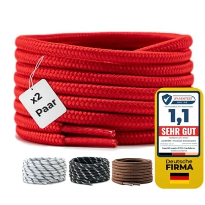 Abbildung von LaceHype 2 Paar Premium Runde Schnürsenkel [ Ø4,5 mm ] Polyester für Arbeitsschuhe, Stiefel, Outdoorschuhe und Sportschuhe reißfeste Schuhbänder (Rot, 150cm)