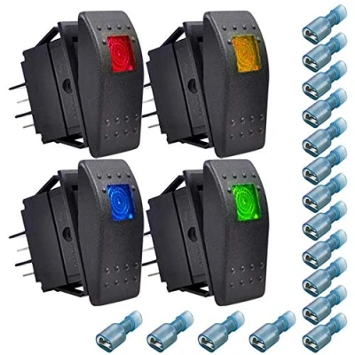 Abbildung von Gebildet 4pcs 12V/20A,24V/10A Boot Wippschalter,Ein/Aus LED Kippschalter(Rot,Gelb,Blau,Grün)+16pcs Anschlussklemmen(6.3mm)