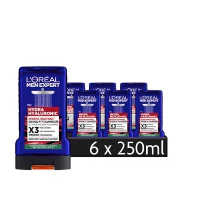 Abbildung von L&#039;Oréal Men Expert Hyaluron Duschgel &amp; Shampoo für Männer, Duschbad zur Reinigung von Körper, Haar und Gesicht, Herren Körperpflege Feuchtigkeit mit Hyaluronsäure, Hydra Hyaluronic, 6 x 250 ml