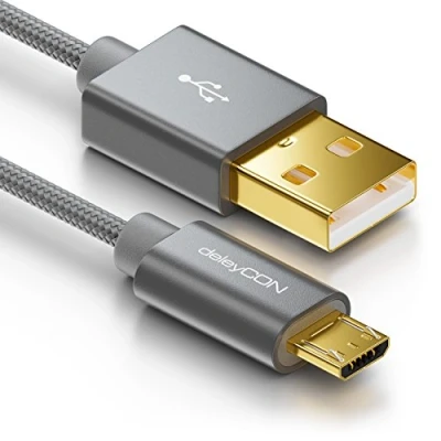 Abbildung von deleyCON Micro USB Kabel 1m Nylon + Metallstecker Ladekabel Datenkabel Schnellladekabel Smartphone Tablet PC Laptop Notebook Grau