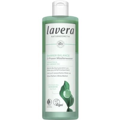 Abbildung von lavera Barrier Balance Mizellenwasser 2 Phasen ohne Alkohol Parfüm löst wasserfestes Make Up sanft zu Hautbarriere Präbiotika vegan Naturkosmetik 400 ml