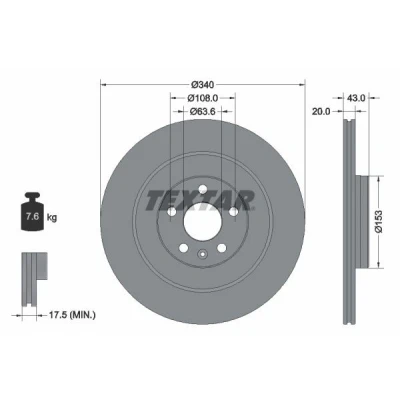 Abbildung von TEXTAR 92304503 Bremsscheibe 340 20 05/06 108 innenbelüftet beschichtet ohne Radbefestigungsbolzen, Radnabe VOLVO: XC90 II, XC40