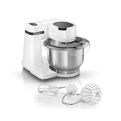 Abbildung von Bosch Küchenmaschine MUM Serie 2 MUMS2EW00, Edelstahl Schüssel 3,8 L, Planetenrührwerk, Knethaken, Schlag , Rührbesen Edelstahl, 4 Arbeitsstufen, durch optionales Zubehör erweiterbar, 700 W, weiß