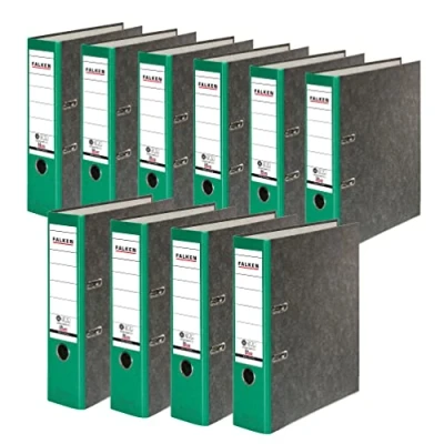 Abbildung von Original Falken 10er Pack Recycling Ordner Wolkenmarmor. Made in Germany. 8 cm breit DIN A4 grüner Rücken Ringordner Aktenordner Briefordner Büroordner Pappordner CO2 Neutral Blauer Engel