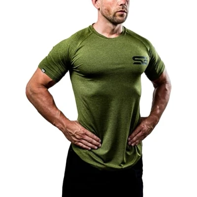 Abbildung von Satire Gym® Fitness Slim Fit T Shirt Herren Kurzarm Funktionelles &amp; Schnell Trocknendes Sportshirt für Bodybuilding Workout (L, Olivgrün Meliert)