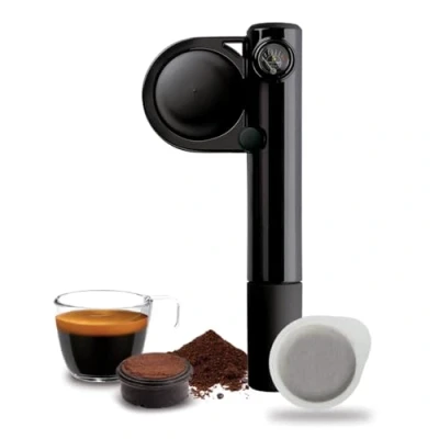 Abbildung von Handpresso Pump tragbare Espressomaschine mobile to go für ESE Kaffeepads oder gemahlenen Kaffee Portable espresso maker Outdoor kaffeemaschine schwarz.