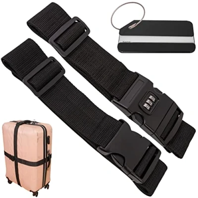 Abbildung von Kofferband Set mit Kofferanhänger, 2 Stk, 200 cm Gurtband Schnalle, 1 x Zahlenschloss, Schwarz, Namensschild, Koffergurte Adressschild zum Reisen und Fliegen, Kofferspanngurte, Gurt Koffer