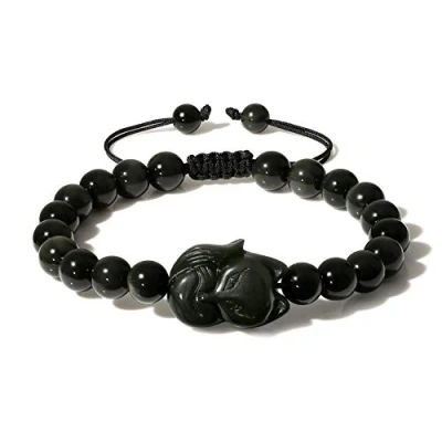 Abbildung von COAI Unisex Geschenkideen Verstellbares Armband aus Schwarzem Obsidian mit Fuchs Charm in Größe S