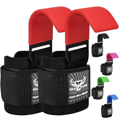 Abbildung von BEAST RAGE Gewichtheberhaken, Handgelenkriemen, dickes Neopren, gepolstert, gummiert, Fitnessbandagen, rutschfest, Kreuzheben, Training, Fitnessstudio, Workout, Herren und Damen (Rot)