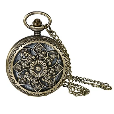 Abbildung von JewelryWe Retro Kamelie Blume Taschenuhr Damen Unisex Analog Quarz Uhr mit Halskette Kette Pocket Watch Geschenk Bronze