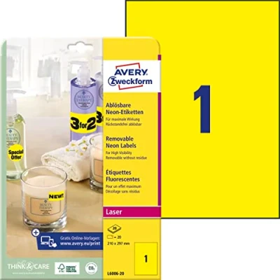 Abbildung von AVERY Zweckform L6006 20 leuchtend neon gelbe Etiketten (20 Aufkleber, 210x297mm auf A4, selbstklebend, bedruckbar, ablösbar, farbige Klebeetiketten zum auffälligen Kennzeichnen) Blatt