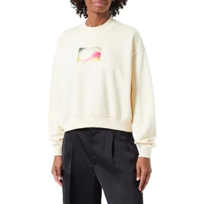Abbildung von Calvin Klein Jeans Damen Sweatshirt Illuminated Box Logo Crew Neck ohne Kapuze, Beige (Vanilla), M