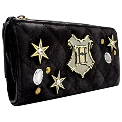 Abbildung von Hogwarts Harry Potter Gestepptes Metall Emblem und Sterne Portemonnaie Clutch Münzfach &amp; Kartenhalter, Schwarz