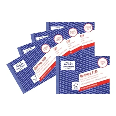 Abbildung von AVERY Zweckform 1735 5 Quittungsblock (A6 quer, 2x40 Blatt, mit Durchschlag, fälschungssicher, separat ausgewiesene MwSt., für Deutschland und Österreich) 5er Pack weiß/gelb