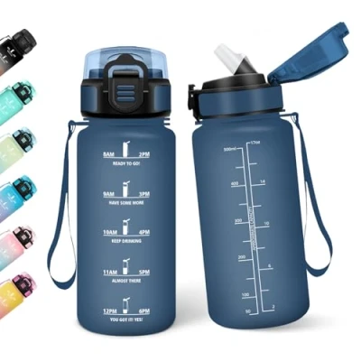 Abbildung von Motswedi Trinkflasche mit Strohhalm, 0.5L BPA Frei, Auslaufsicher, Wasserflasche, Kohlensäure Geeignet, Trinkflaschen, für Yoga, Schule, Outdoors, Dunkelblau